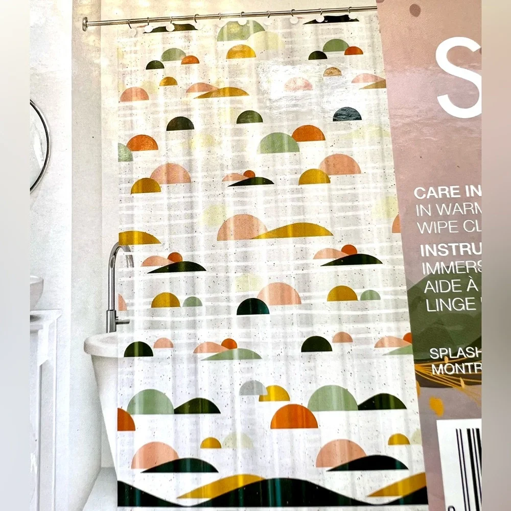 Serenity Splash Geometric Peva Shower Curtain Golden Yellow Blue Rust Red Spa